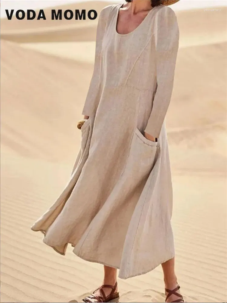 Casual jurken Autumn Vintage Simple Beach Long Jurk Streetwear Big Hem Women Baggy Solid Color Breathable Midi