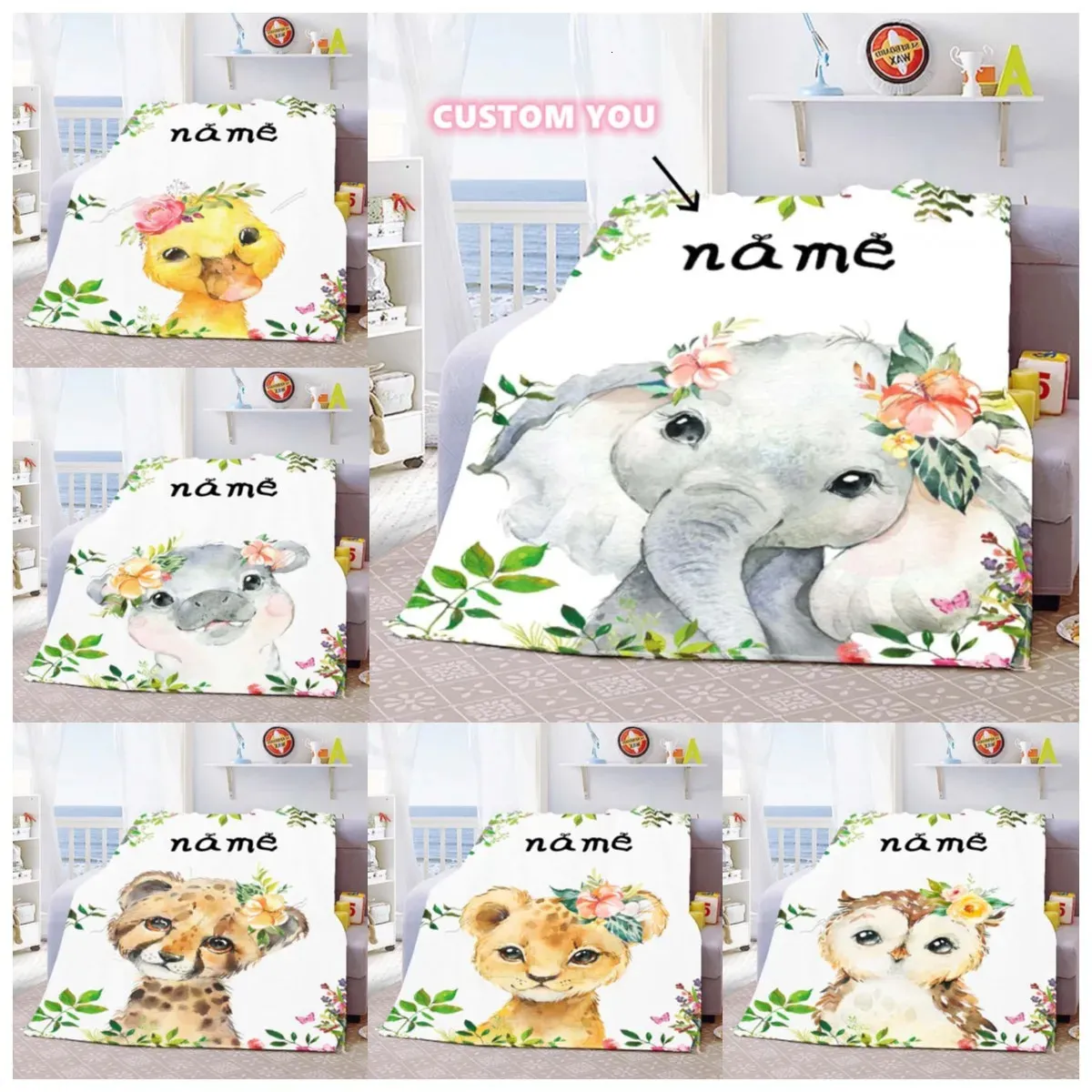 Custom Blanket Custom Name Blanket Baby Girl Boy Kids Cartoon Animal Cute Soft Flannel Throw Blankets Personalized Blanket Gifts 240417