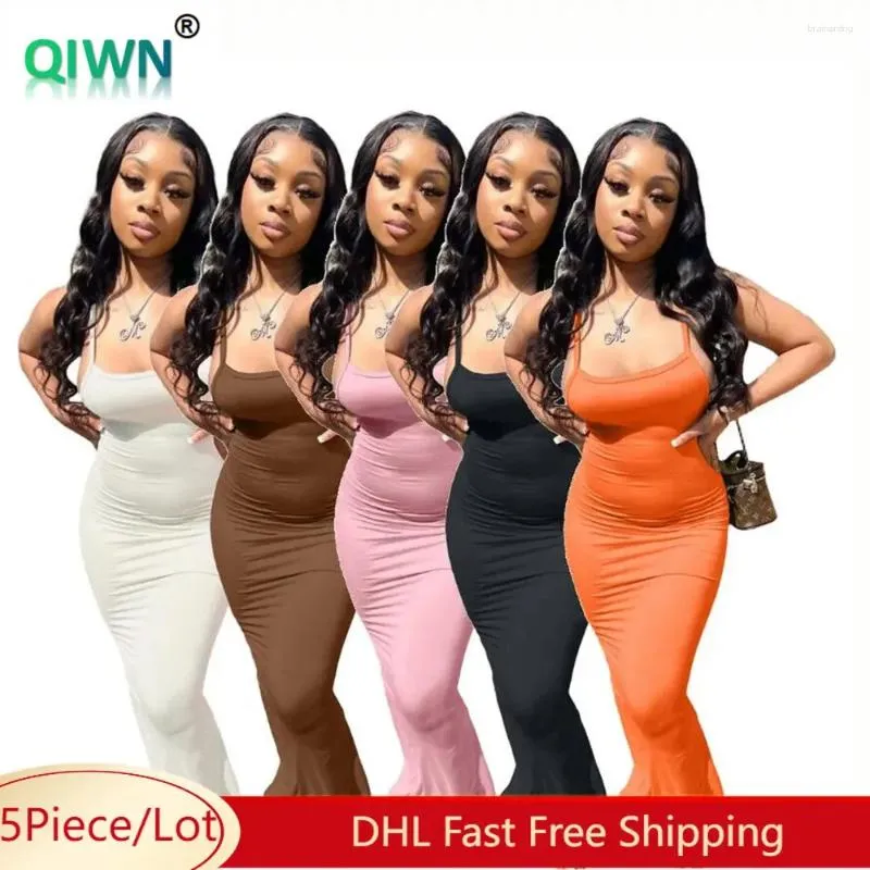 Casual Dresses 5Pcs Bulk Wholesale Women Skinny Maxi Sexy Spaghetti Strap Backless Split Skirt Summer Solid Cotton One Piece 7885