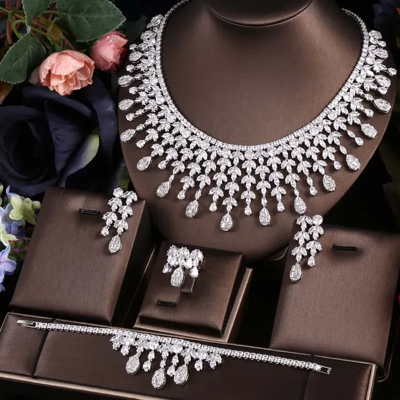 Halsband Janekelly 4st brud Zirconia Full smyckesuppsättningar för Women Party, Luxury Dubai Nigeria CZ Crystal Wedding Necklace Sets