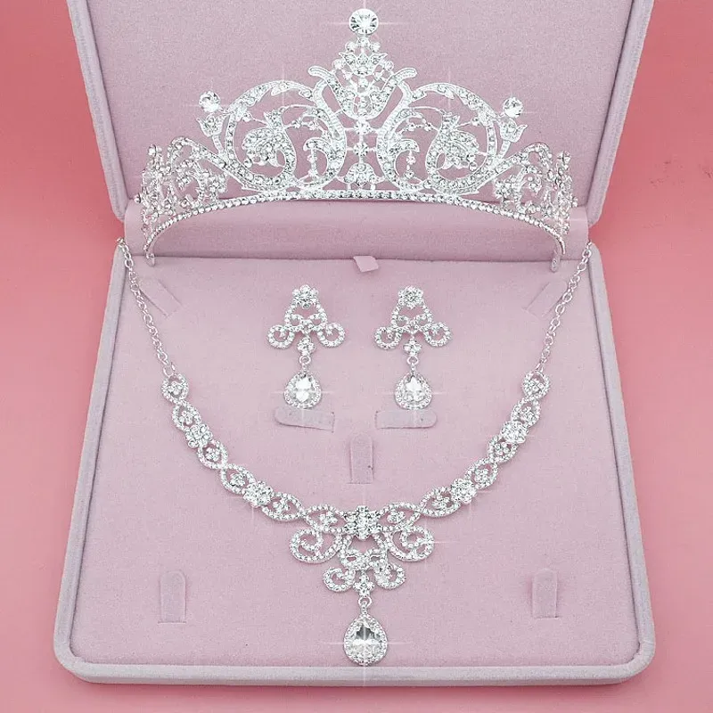 Halsband mode kristall bröllop smycken set kvinnor brud rhinestone tiara kronor örhängen halsband brud smycken set klädtillbehör