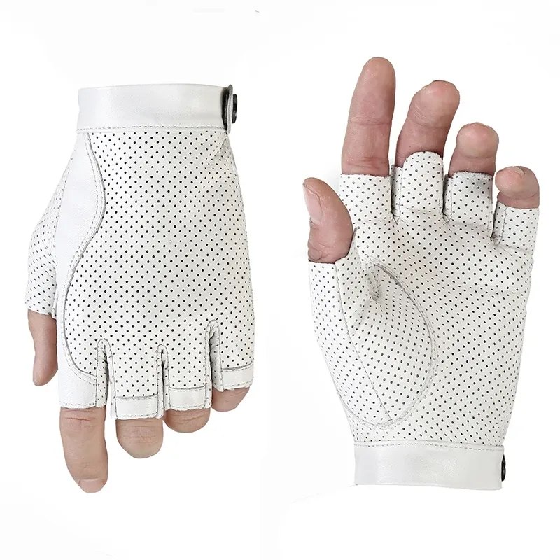 Accessoires Men Witte Halve vinger Sheepskin Echte lederen handschoenen Zomer Herfst Visserij Motorrijder Drijvende handschoenen Leer AGC007