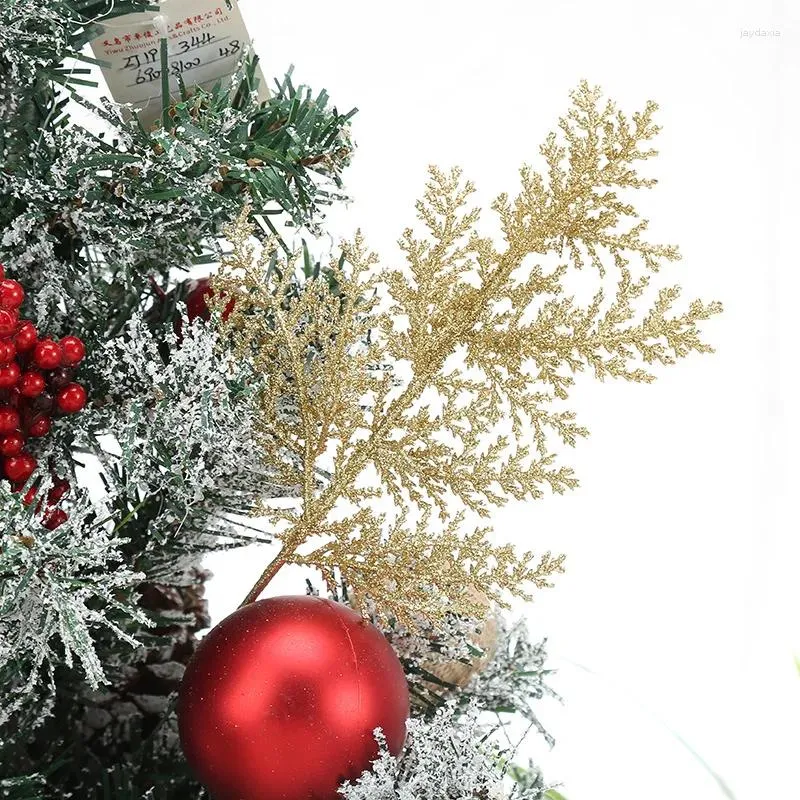 장식용 꽃 10pcs 반짝이는 파우더 시뮬레이션 식물 소나무 가지 잎 크리스마스 장식 나무 액세서리 갈랜드 등나무 반지