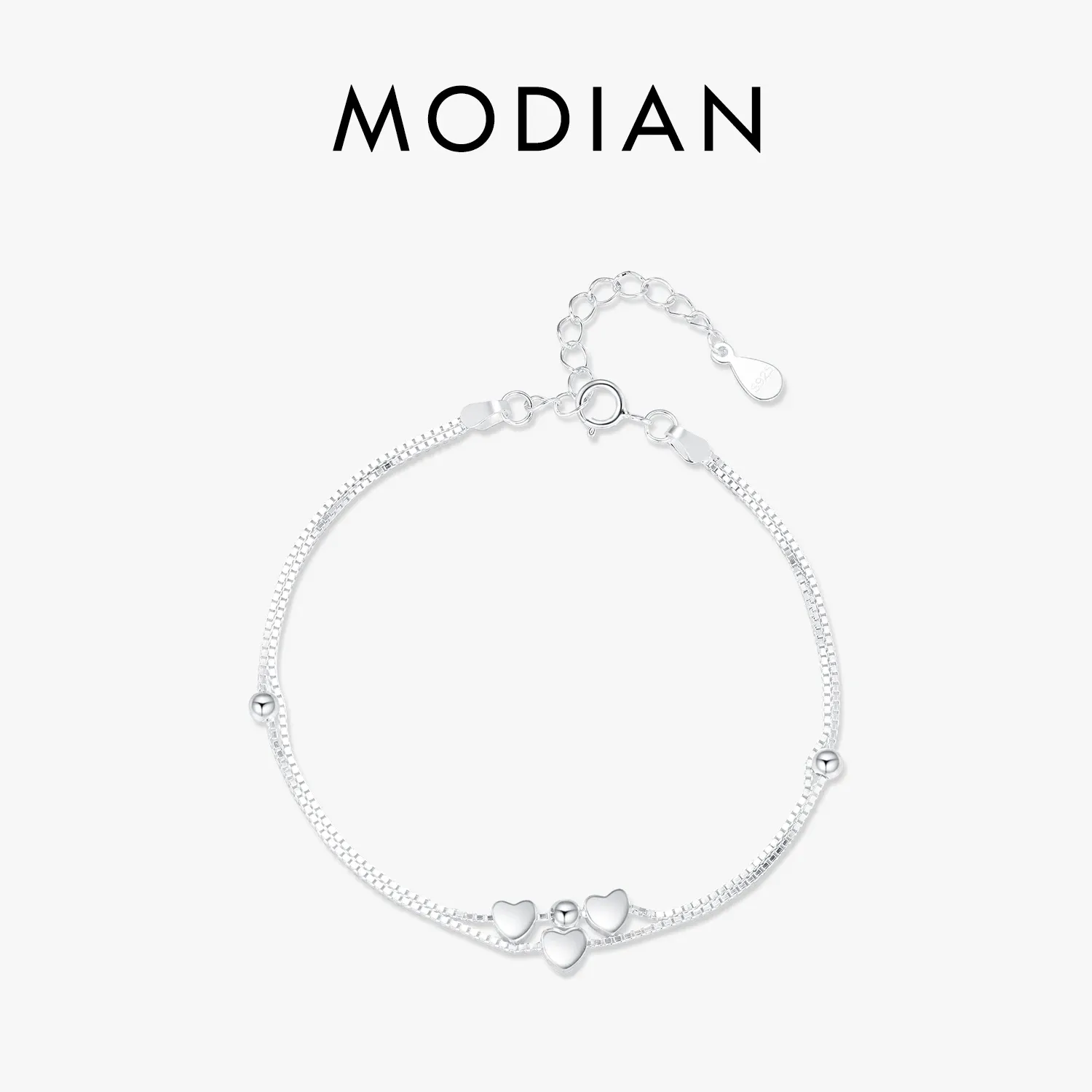 Strands MODIAN 925 Sterling in argento a doppio strato cuori a cuore Bracciale semplice catena di collegamento regolabile per donne regali di Natale