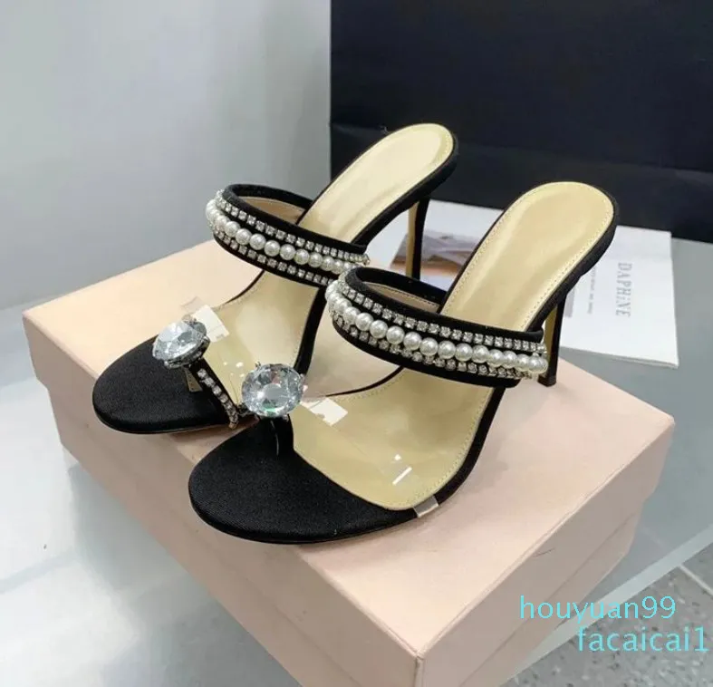 Gelegenheitsdesigner Mode Frauen Satin Bogenperlen Kristall Riemchen High Heels Sandalen Party Schuhe Slipper Sandalien 10 cm