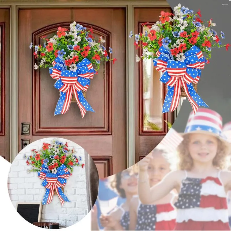 Fleurs décoratives 4 juillet Patriotique Wreath Memorial Day Pride Garland Red Blanc Blue Panier Blue pour la porte Indépendance Decor Supplies