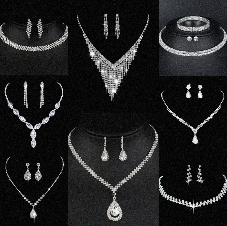 Valioso conjunto de joyas de diamantes de laboratorio Pendientes de collar de boda de plata esterlina para mujeres Joyería de compromiso nupcial Regalo S3Zu#
