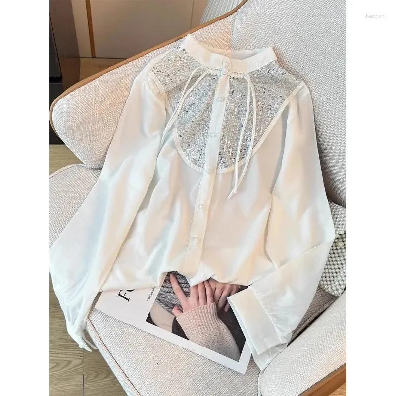 Women's Blouses Korean Chic Spring Summer Women Tops Vintage Elegant Single Breasted Shirts Chinese Style Sequined Patchwork Blusas Mujer