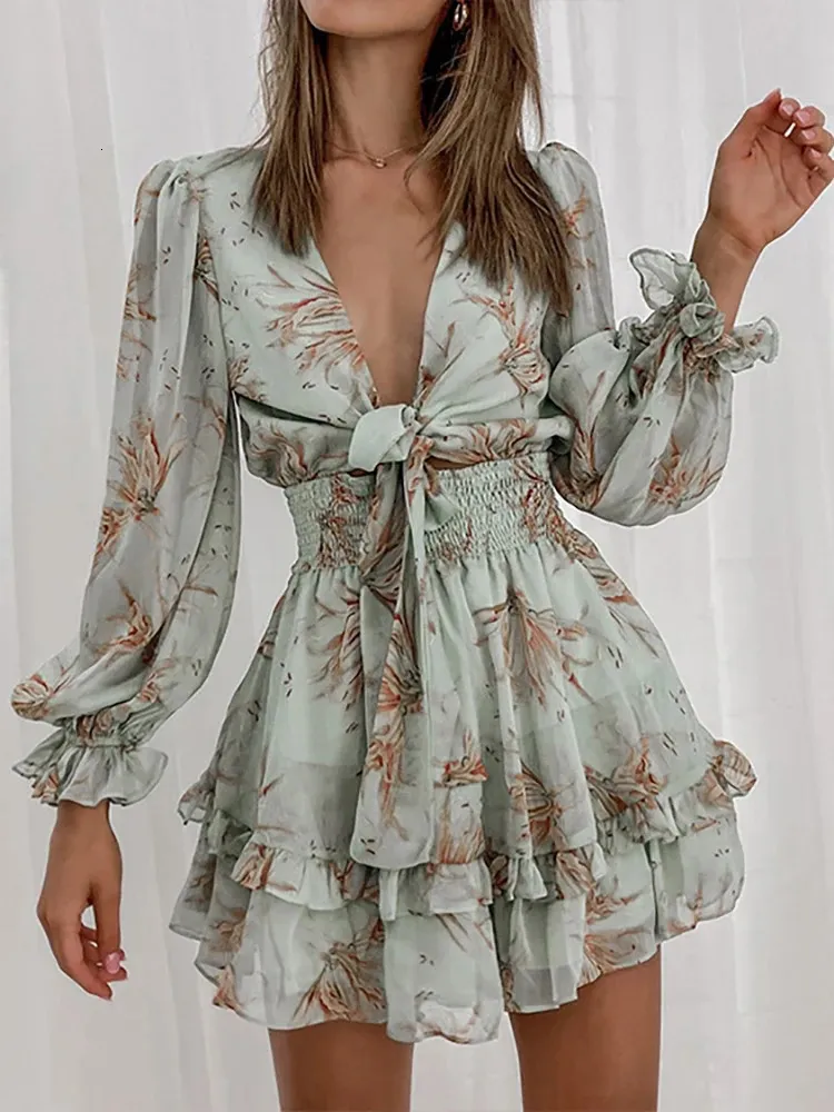 Abiti corti a V Deep V Neck For Women Stampare Ruffles Beach Pareo Holiday Boho Sexy Fmale Abito a manica lunga Vestido 240422