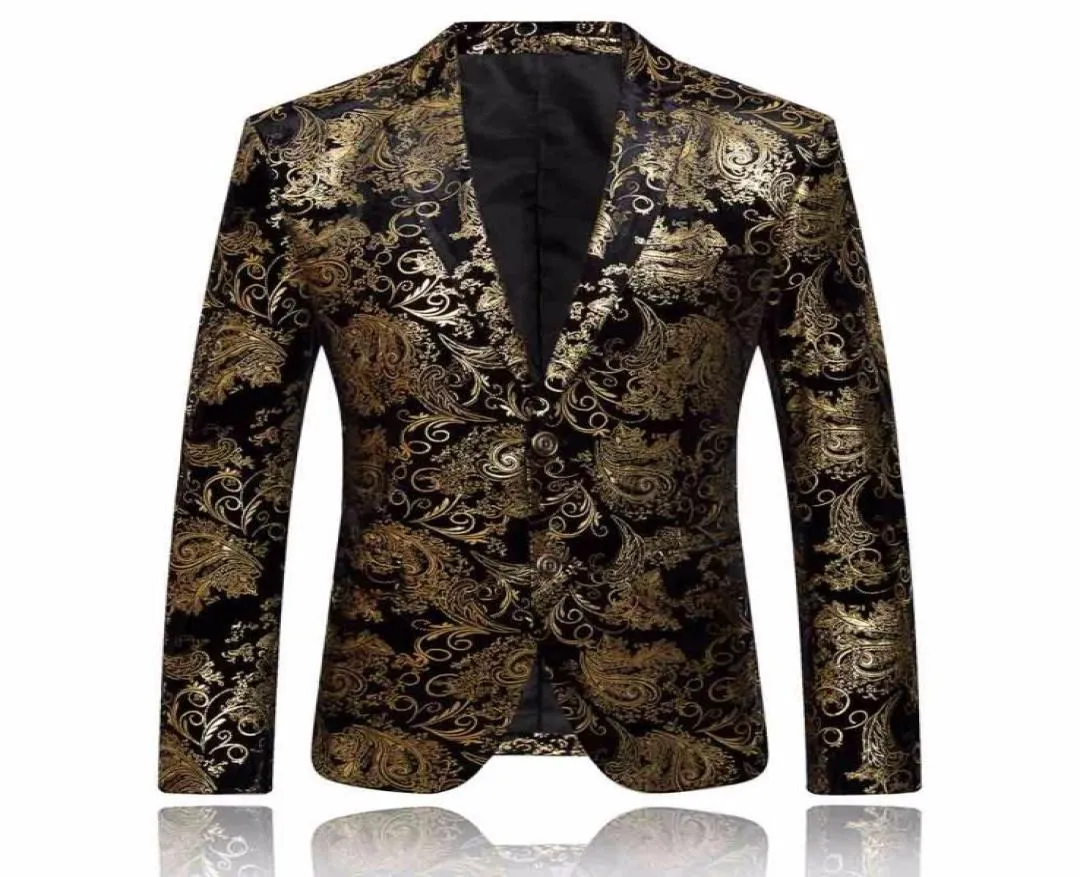 Gold Blazer Men Floral Casual Slim Blazers Ankomst Fashion Party Single Breasted Manlig kostym Jacka PS Size Blazer Masculino5191483