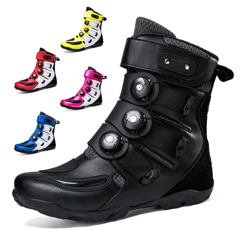 Ayakkabı erkekleri motosiklet botları bisiklet ayakkabıları hightop antifall binici yol yarış spor ayakkabılar kadın döner toka dişli vites motosiklet ayakkabıları