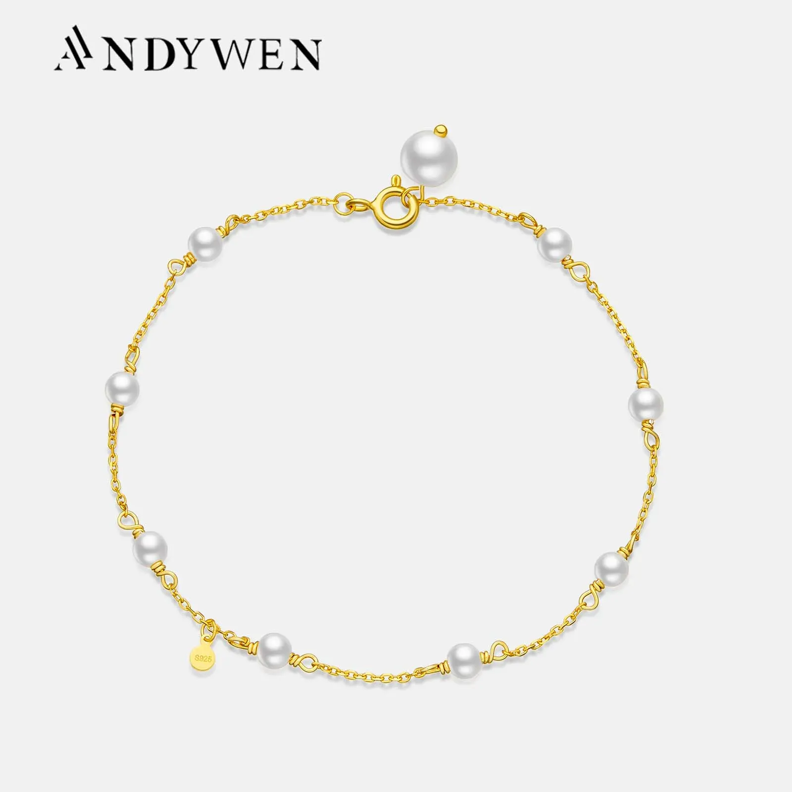 Brins Andywen 100% 925 Bracelet de chaîne de perle en argent sterling 4 mm