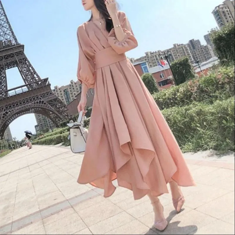 Casual Dresses 2024 Autumn High Waist Bandage Slim Dress Women's Pink V-neck Patchwork Bubble Sleeves Gentle Simple Ruffles A-line