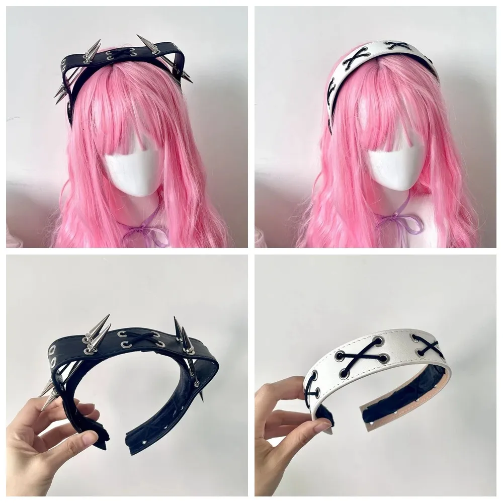 Y2K Women Girl Lolita Punk Rivets Leather Hair Hoop From Kua05