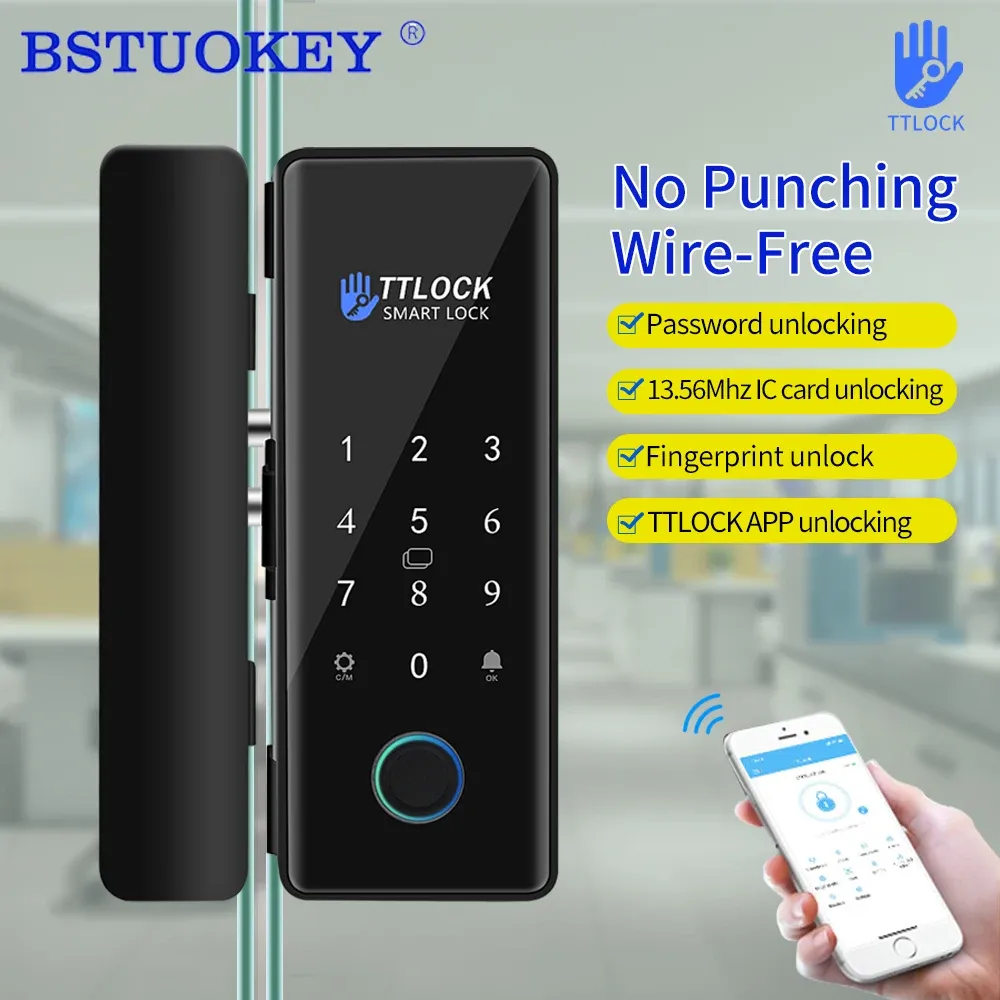 Kontroll Digital FingerPrint Glass Door Lock Remote Control Bluetooth TTlock App Passcode RFID Card Keyless Smart Lock and WiFi Gateway