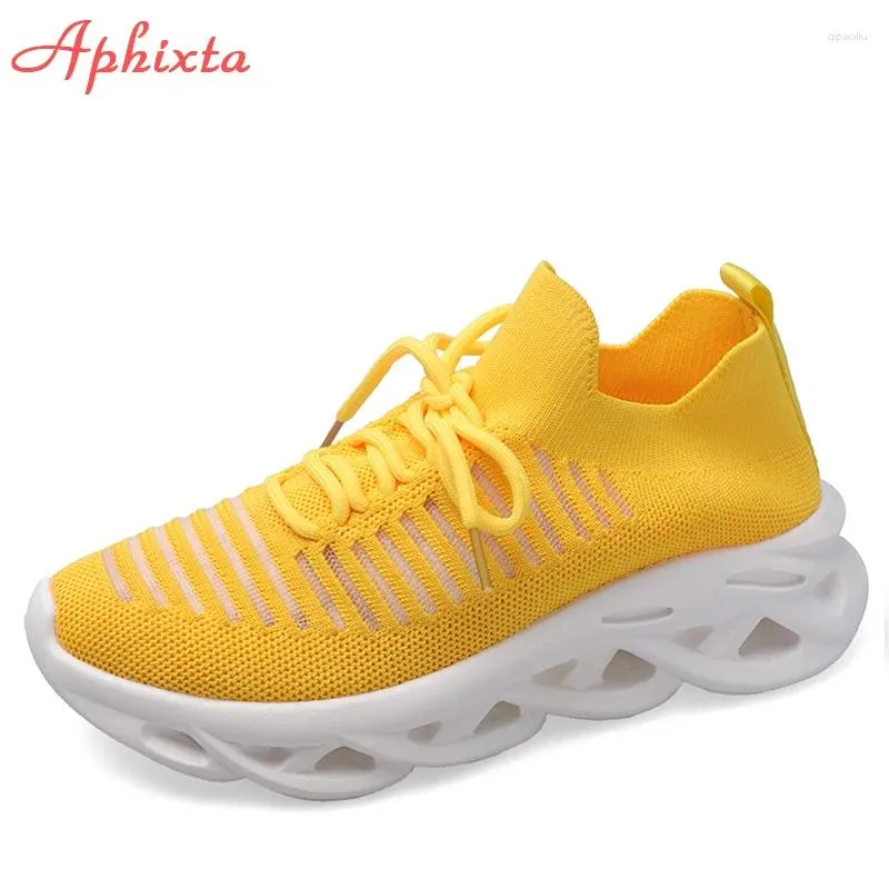 Sapatos casuais Aphixta Cadeia de corda de outono Soas de solteiro feminino de malha de ar amarelo de malha de ar esporte Cartas de caminhada respirável