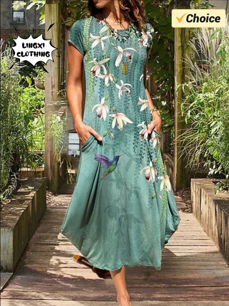 Yaz modası artı beden kadın zarif elbise baskılı tatil tarzı retro yuvarlak boyun renkli mizaç uzun 240412
