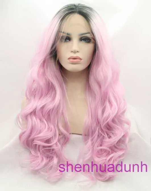 HD Body Wave Highlight Spets Front Human Hair Wigs For Women Wig Womens Fashion Black Gradient Pink Stor Half Hand Hook Chemical Fiber LW0316