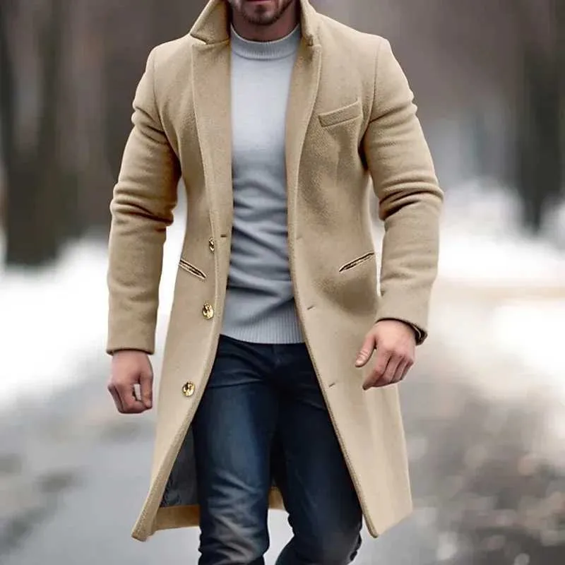 Mens Mid Length Wool Coat 100% Wool Single Breasted Solid Color