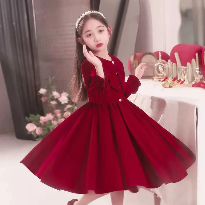 Velvet Party Dresses: Girls Red Velvet Dress Elegant Autumn Winter