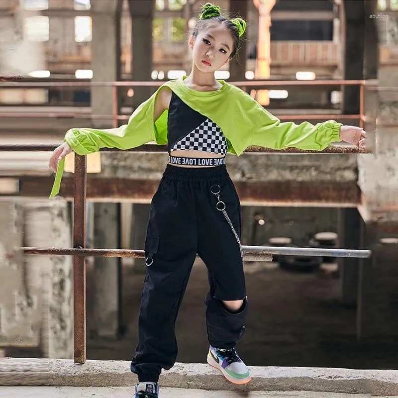 Hip Hop Rave Clothes Girls Green Long Sleeve Crop Tops Black Jazz Dance  Costume
