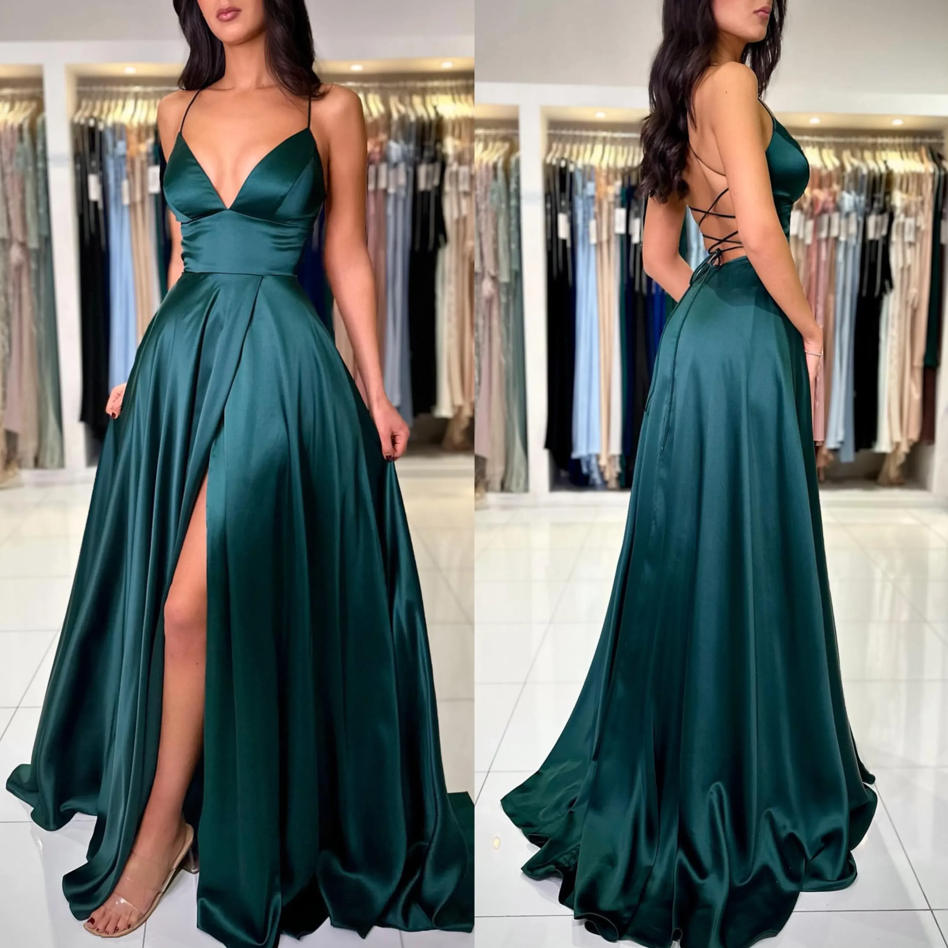 Verde oscuro un vestido de baile de graduación vestidos de noche de espagueti elegantes vestidos de dama de honor de satén de satén