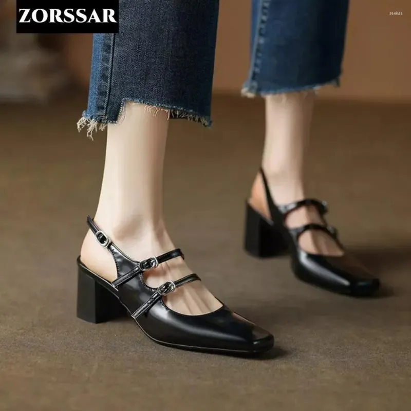 Casual Shoes Women Sandals Summer Woman High Heels Double Buckle Mary Janes Patent Leather Dress Back Strap Zapatos Mujer