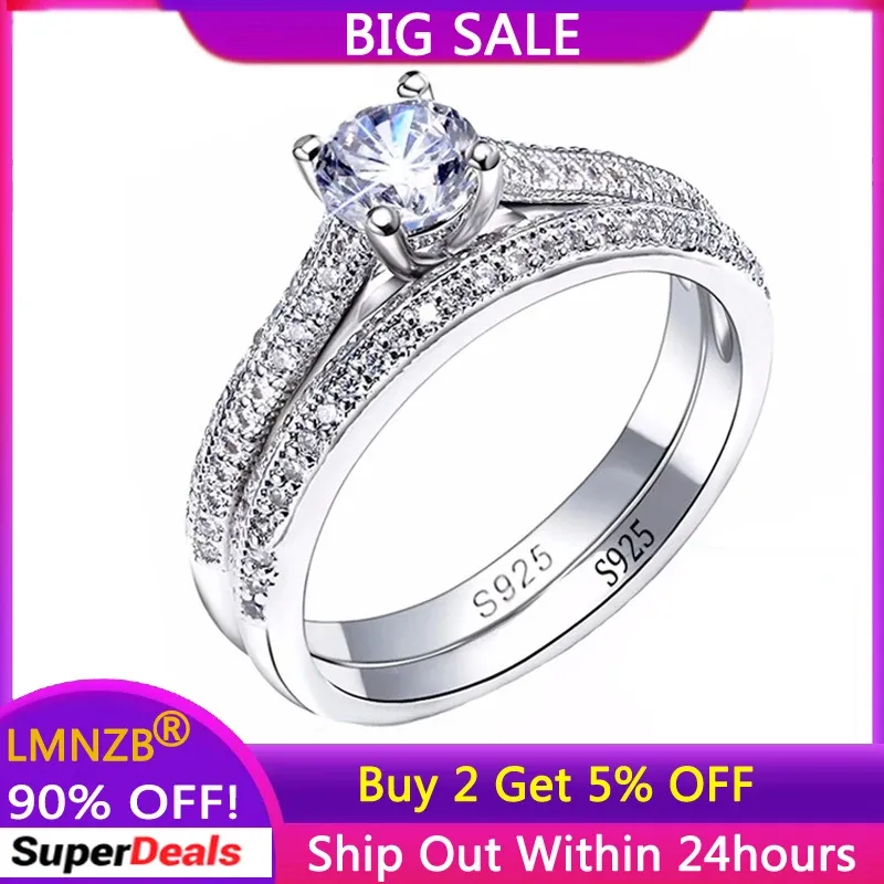 Anillos 2pcs/set con credenciales alergias gratis 925 anillos de plata redonde 6 mm de circón anillo de boda diamant regalo de joyería fina para mujeres