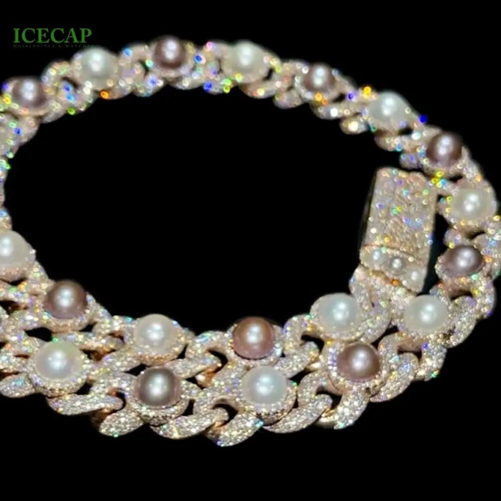 Perle naturelle de 15 mm Natural VVS Moisanite Cuban Link Chain 925 Collier de liaison de chaîne cubaine argent sterling