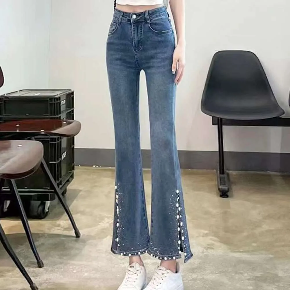 Frauen Jeans Modedesigner Pearl Diamant Split Taille Jeanshose Frauen High Street Vintage Dark Blue Office Damen Flared Flared