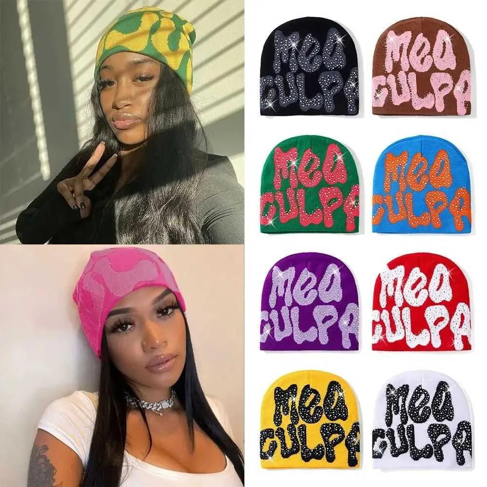 Sparkling MEA Culpa Grunge Beanie For Women Rhinestone Y2K