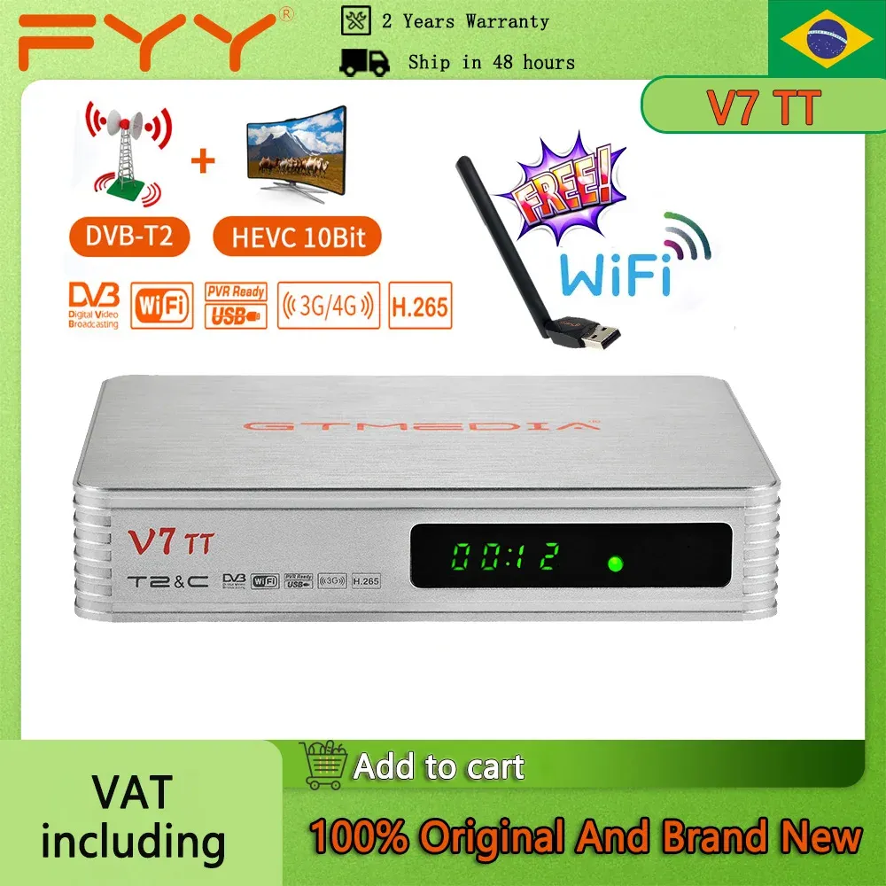 Ontvangers Gtmedia V7 TT Decoder DVBT2/C/J.83B 1080P Digitale terrestrische tv -ontvanger Tunerreceptor H.265 HEVC 10Bit Support CCAM USB WiFi