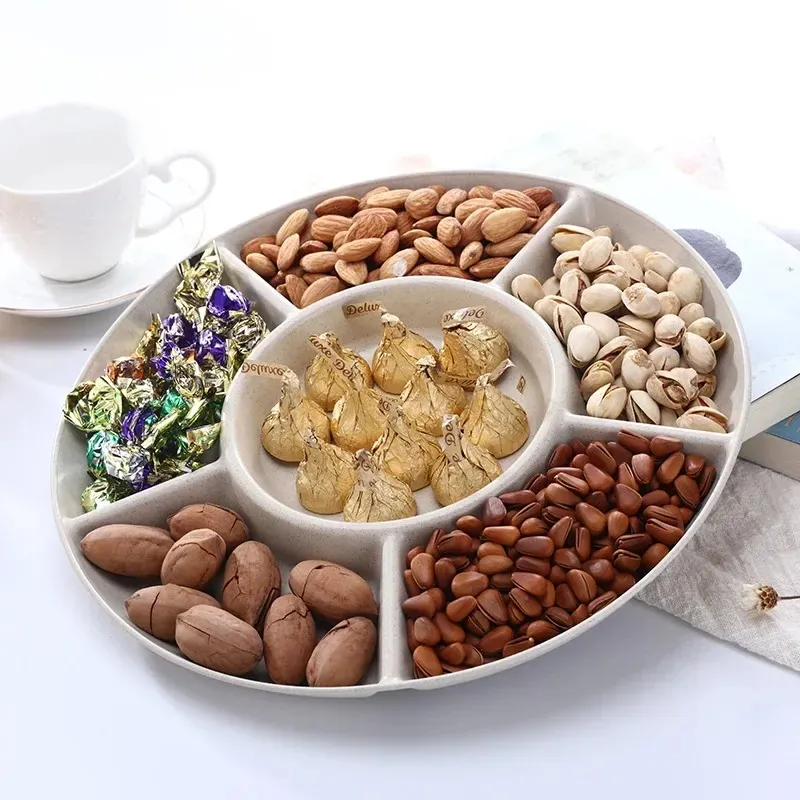 6-Compartment Round Food Storage Tray Dried Fruit Snack Plate Appetizer Serving Platter for Kitchen Party Candy Pastry Nuts Dish