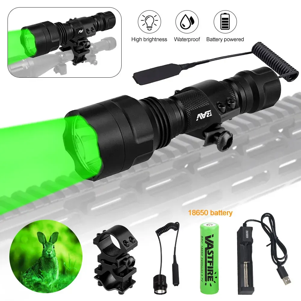 SCOPES Taktisk grön jaktljus 2500 lm LED -ficklampa Grön/röd/vit pistolfackla+gevär Scope Mount+Pressure Switch+18650+USB -laddare