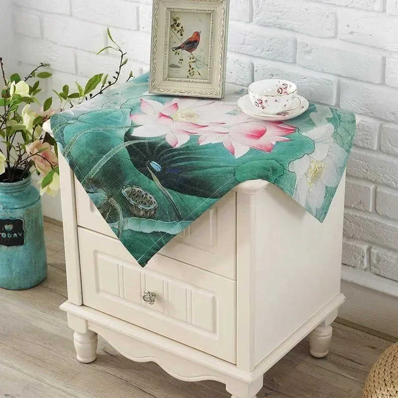 Table Cloth Modern Chinese Lotus Tea Side Cabinet Refrigerator Towel Microwave Oven Cover Home Decoration 60x60cm