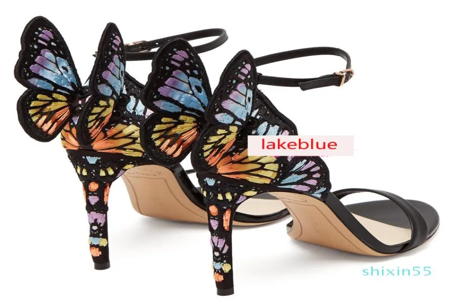 Ladies in pelle di brevetto 10 cm tallone alta farfalla nera ornamenti Sophia Webster Sandals a punta di punta scarpe colorate7493253