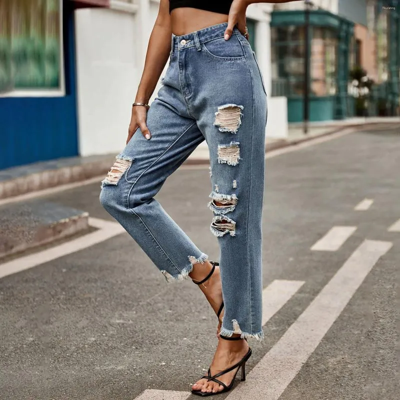 Women's Jeans Overalls Y2k Street Wool Edge Straight Nine Pointed Denim Pants Casual Ankle-Length Ladies