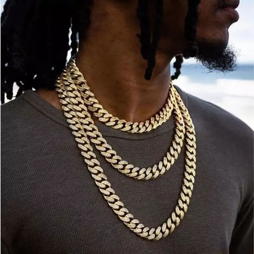Karopel Iced Out Bling Rhinestone Mens Gold Silver Miami Cuban Link Chain Colliers Diamond Men's Hip Hop Collier 240y