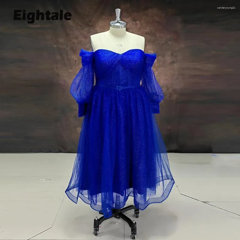 Party Dresses Eightale Royal Blue Prom Dress Glitter Real Off Shoulder Mid Length Long Sleeve Evening Gown For Women Wedding Graduation