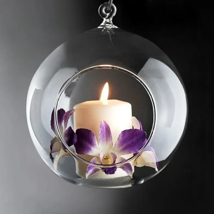 Przezroczysty szklany świeca z świecami LED Kwiat wiszący wazon wazon szklana piłka na domowe wystrój przyjęcia