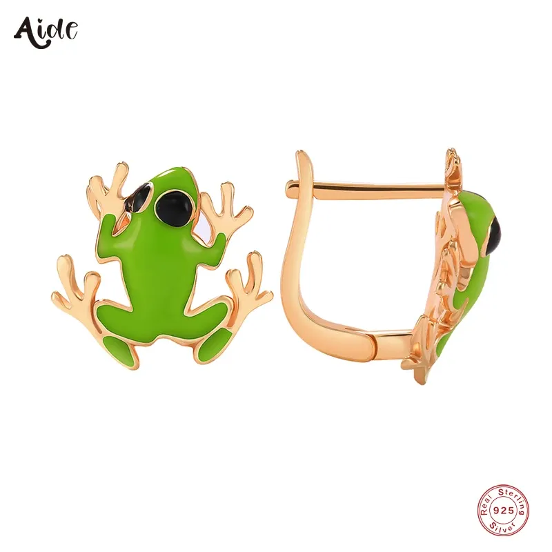 Earrings Aide 925 Sterling Silver Cute Green Enamel Cartoon Frog Stud Earrings For Women Girls Gift Glossy Champagne Gold Piercing Studs