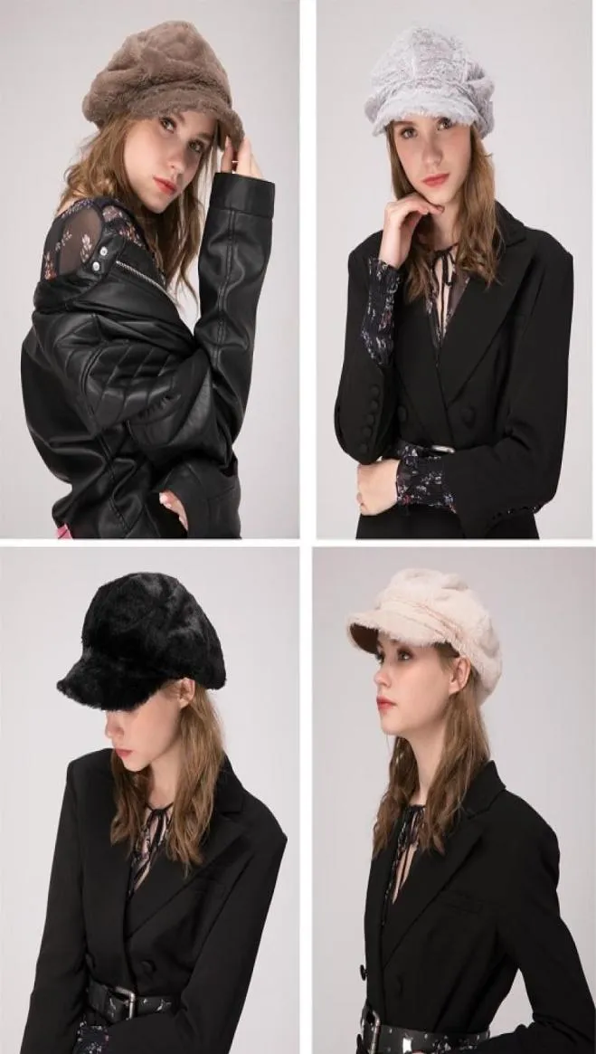 Stand Focus Women Faux Fur Cabbies Gatsby Newsboy Hat Cap Ladies Fashion Stylish Winter Warm Thermal Black Brown Beige Gray7707083