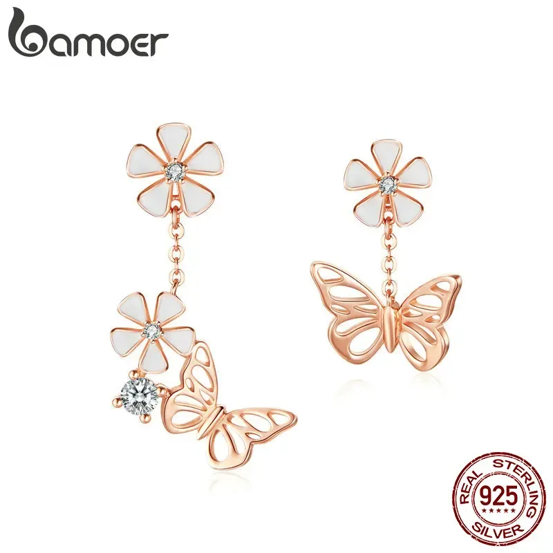 Kolczyki Bamoer 925 Sterling Srebrne Rose Gold Butterfly Kolczyki Asymetryczne Kolczyki Dangle Flowle For Women Fine Jewelry BSE100