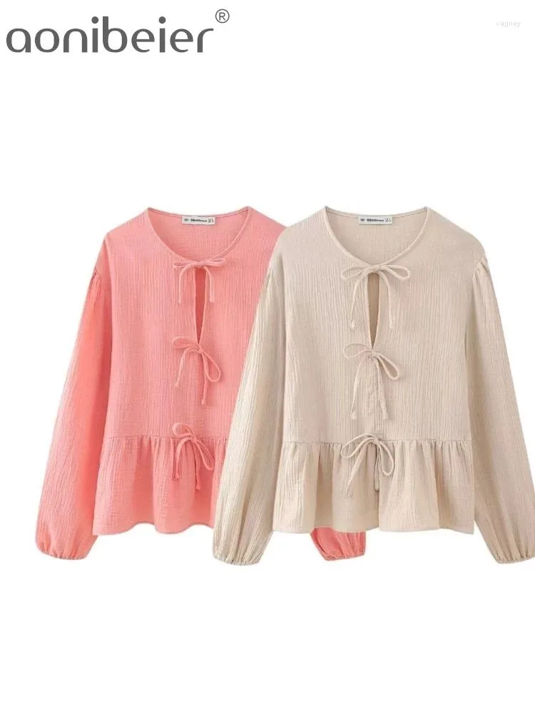 Women's Blouses Aonibeier Texture Fabric Women Pink Blouse 2024 Summer Puff Sleeve Bow Tied Hollow Out Loose Shirt Female Crop Top Y2K