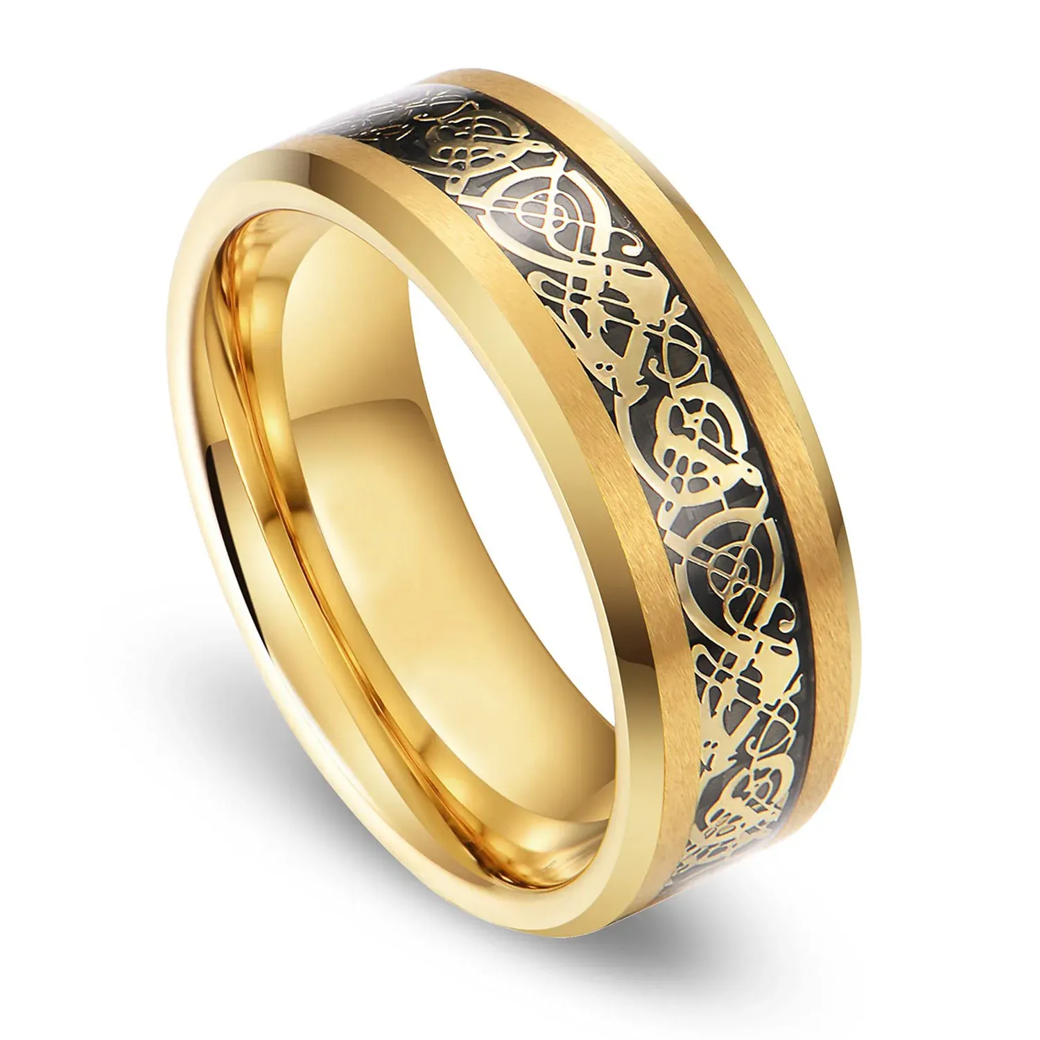 Bands 8mm Fashion Men Gold Color Stainless Steel Celtic Dragon Ring Inlay Black Carbon Fiber Ring Men Wedding Band Jewelry Size 613