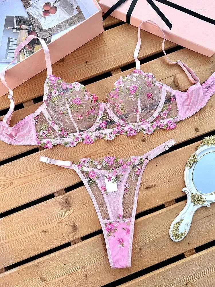 Bras Sets Sexy Bra Thong For Women Floral Transparent Lingerie Mesh Lace Fairy Underwear Embroidery Sensual See Through Exotic