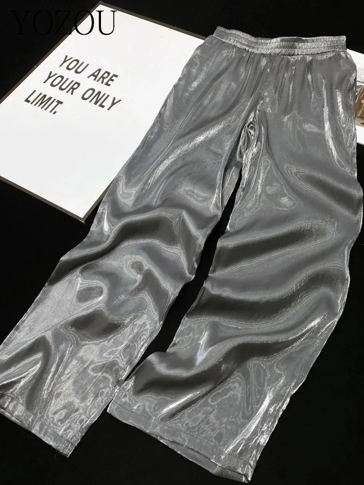 YOZOU Luxury Shiny Soft Satin Silk Gray Thin Elastic Waist Baggy Wide Leg Fluid Pants Women Trousers Comfort Bottoms Solid 240412