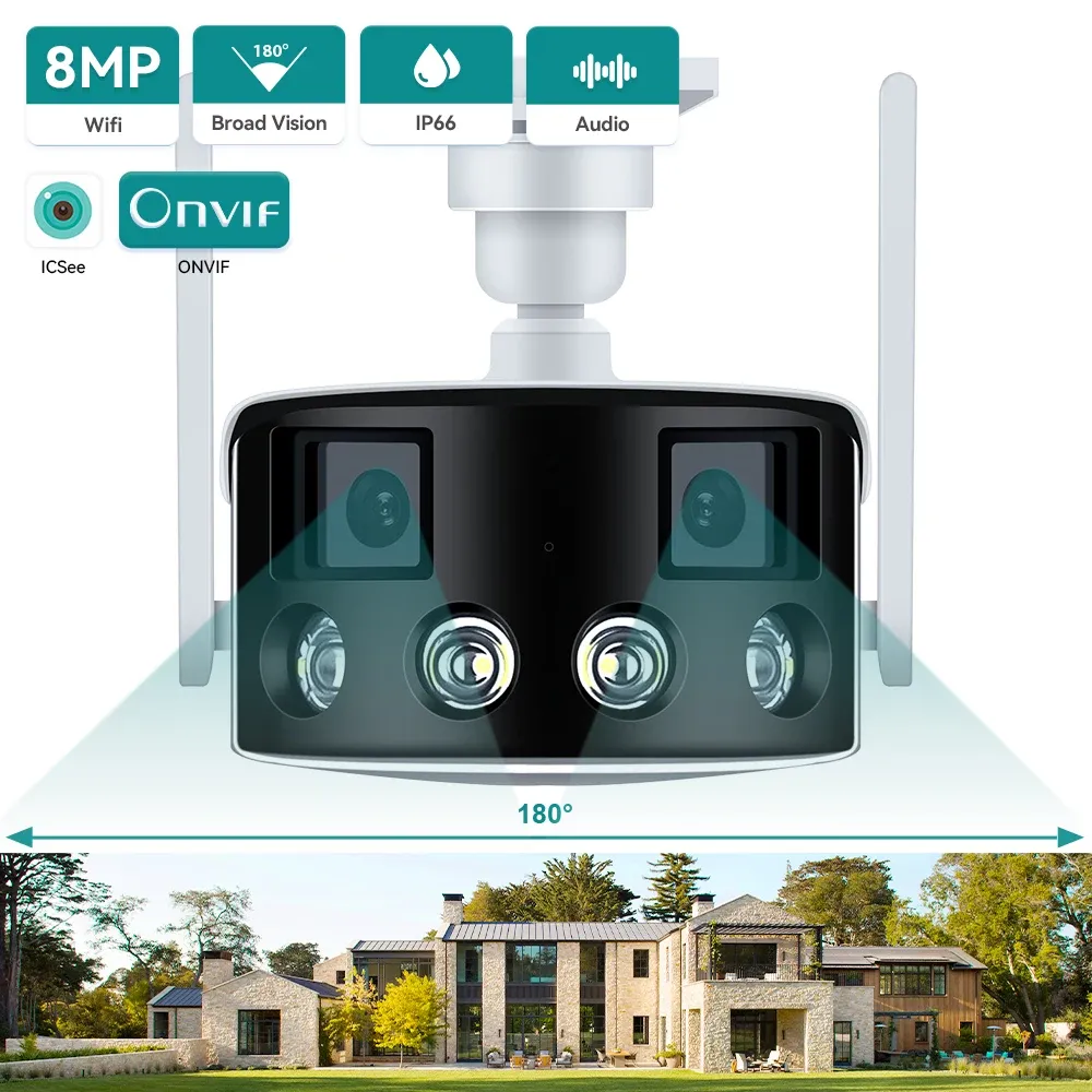 Kameror 4K 8MP Dual Lens Panoramic WiFi Camera 180 ° Wide Viewing Vinkel AI Human Detection 4MP ICSEE Surveillance IP Camera