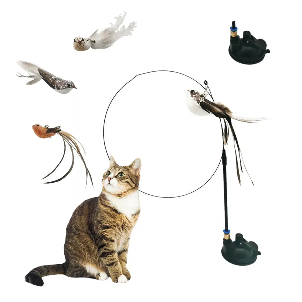 Toys Feather Cat Wand with Bell Long Pole Upgraded Strong Suction Cup Interactive Toys Artificial Bird Cat Stick Toy Pet Supplies