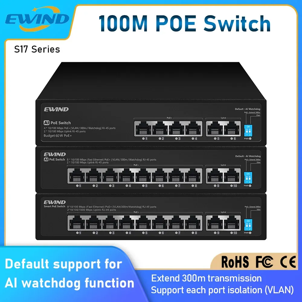 Controle Ewind Poe Switch 6/10 portas 10/100m Ethernet Switch com 2 portas RJ45 de 10/100m ai interruptor de rede inteligente para câmera IP/AP sem fio AP